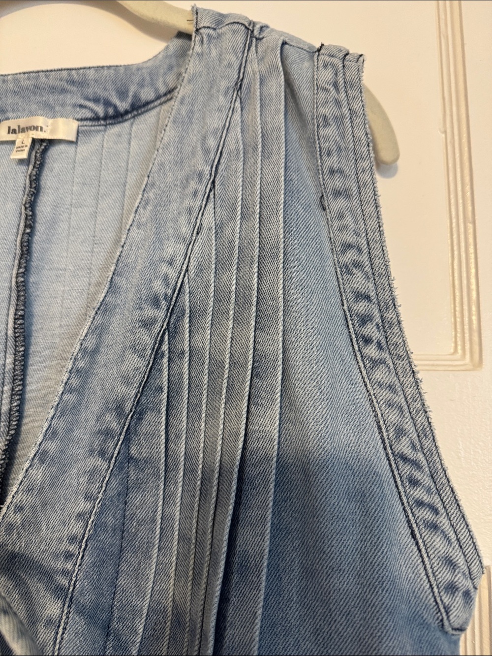 LaLavon like new Light Wash Denim Sleeveless romper with Front Tie - Picture 3 of 7